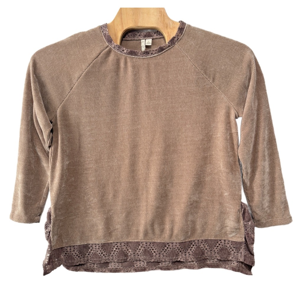 EST. 1946 Womens L Top Taupe Ribbed Knit‎ 3/4 Sleeve Lace Trim Casual Blouse